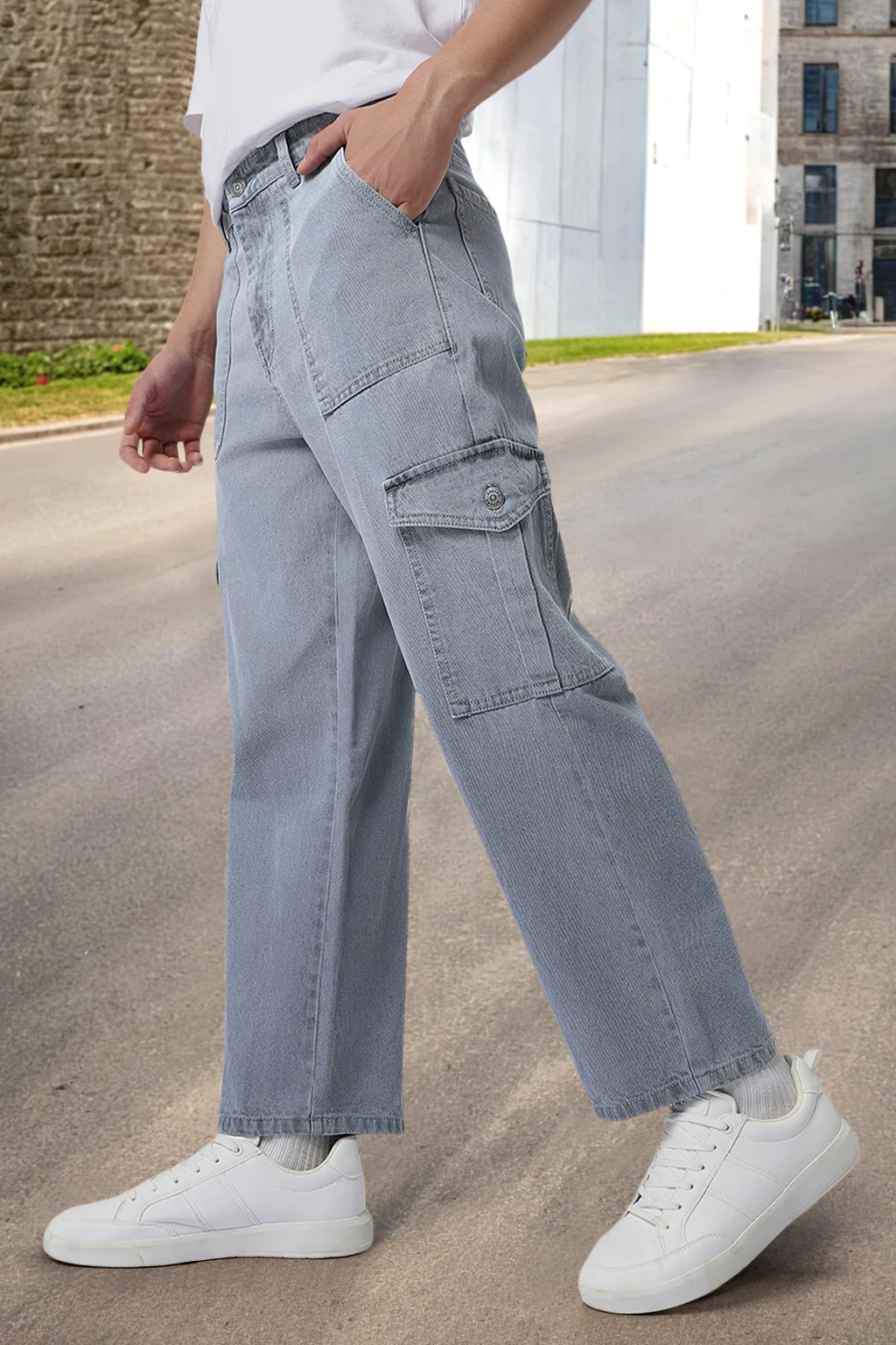 Men's Grey Loose Baggy Fit Cargo Jeans with 6 Pockets Non-Stretchable